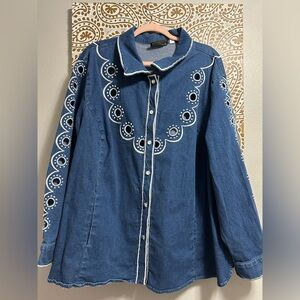 Vintage Bob Mackie Blue Denim Button-Up Shirt with White Embroidery